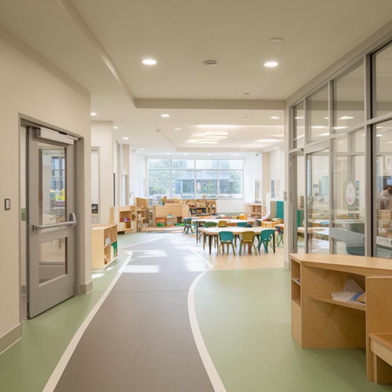 Bright community learning space with child-height tables, secure entry glazing and a clear accessible route through the room