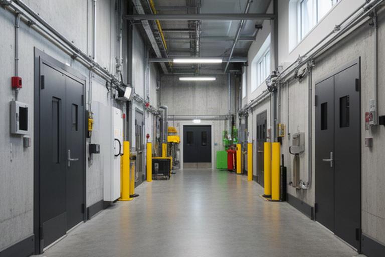 Industrial support area with durable finishes, unobstructed access and clearly arranged service doors